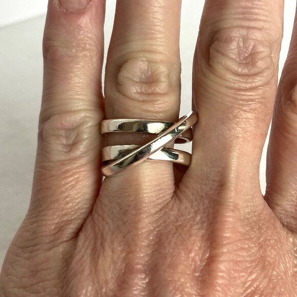 Sterling Silver 925 Asymmetric Criss Cross Lines Saturn Band Ring Sz 7 - Picture 1 of 16